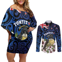 Tomtit New Zealand Personalised Couples Matching Off Shoulder Short Dress and Long Sleeve Button Shirt Miromiro Manuka Flower Maori Pattern