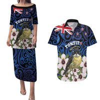 Tomtit New Zealand Personalised Couples Matching Puletasi and Hawaiian Shirt Miromiro Manuka Flower Maori Pattern