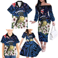 Tomtit New Zealand Personalised Family Matching Off The Shoulder Long Sleeve Dress and Hawaiian Shirt Miromiro Manuka Flower Maori Pattern LT22 - Polynesian Pride