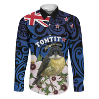 Tomtit New Zealand Personalised Family Matching Summer Maxi Dress and Hawaiian Shirt Miromiro Manuka Flower Maori Pattern LT22 Dad's Shirt - Long Sleeve Blue - Polynesian Pride