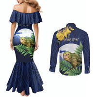 Kakapo New Zealand Personalised Couples Matching Mermaid Dress and Long Sleeve Button Shirt Kowhai Flower Silver Fern Maori Pattern LT22 - Polynesian Pride