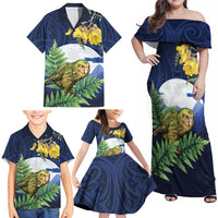 Kakapo New Zealand Personalised Family Matching Off Shoulder Maxi Dress and Hawaiian Shirt Kowhai Flower Silver Fern Maori Pattern LT22 - Polynesian Pride