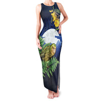 Kakapo New Zealand Personalised Family Matching Tank Maxi Dress and Hawaiian Shirt Kowhai Flower Silver Fern Maori Pattern LT22 Mom's Dress Blue - Polynesian Pride