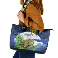 Kakapo New Zealand Personalised Leather Tote Bag Kowhai Flower Silver Fern Maori Pattern