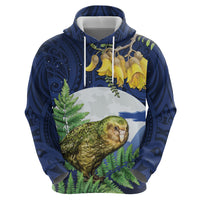 Kakapo New Zealand Personalised Zip Hoodie Kowhai Flower Silver Fern Maori Pattern