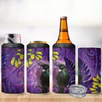 New Zealand Tui Bird Matariki 4 in 1 Can Cooler Tumbler Kowhai Flower Silver Fern Galaxy Maori Pattern