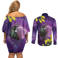 New Zealand Tui Bird Matariki Couples Matching Off Shoulder Short Dress and Long Sleeve Button Shirt Kowhai Flower Silver Fern Galaxy Maori Pattern
