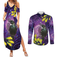 New Zealand Tui Bird Matariki Couples Matching Summer Maxi Dress and Long Sleeve Button Shirt Kowhai Flower Silver Fern Galaxy Maori Pattern LT22 Purple - Polynesian Pride