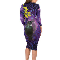 New Zealand Tui Bird Matariki Family Matching Long Sleeve Bodycon Dress and Hawaiian Shirt Kowhai Flower Silver Fern Galaxy Maori Pattern LT22 - Polynesian Pride