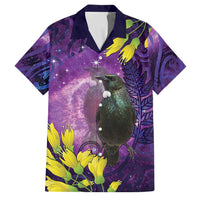 New Zealand Tui Bird Matariki Family Matching Off The Shoulder Long Sleeve Dress and Hawaiian Shirt Kowhai Flower Silver Fern Galaxy Maori Pattern LT22 Dad's Shirt - Short Sleeve Purple - Polynesian Pride
