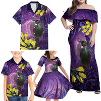 New Zealand Tui Bird Matariki Family Matching Off Shoulder Maxi Dress and Hawaiian Shirt Kowhai Flower Silver Fern Galaxy Maori Pattern LT22 - Polynesian Pride