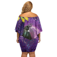 New Zealand Tui Bird Matariki Family Matching Off Shoulder Short Dress and Hawaiian Shirt Kowhai Flower Silver Fern Galaxy Maori Pattern LT22 - Polynesian Pride