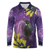 New Zealand Tui Bird Matariki Long Sleeve Polo Shirt Kowhai Flower Silver Fern Galaxy Maori Pattern LT22 Purple - Polynesian Pride