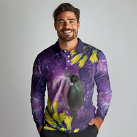 New Zealand Tui Bird Matariki Long Sleeve Polo Shirt Kowhai Flower Silver Fern Galaxy Maori Pattern LT22 - Polynesian Pride