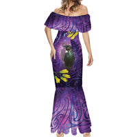 New Zealand Tui Bird Matariki Mermaid Dress Kowhai Flower Silver Fern Galaxy Maori Pattern LT22 - Polynesian Pride