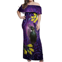 New Zealand Tui Bird Matariki Off Shoulder Maxi Dress Kowhai Flower Silver Fern Galaxy Maori Pattern