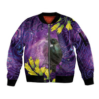 New Zealand Tui Bird Matariki Sleeve Zip Bomber Jacket Kowhai Flower Silver Fern Galaxy Maori Pattern