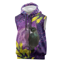 New Zealand Tui Bird Matariki Sleeveless Zip Hoodie Kowhai Flower Silver Fern Galaxy Maori Pattern LT22 Purple - Polynesian Pride