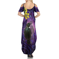 New Zealand Tui Bird Matariki Summer Maxi Dress Kowhai Flower Silver Fern Galaxy Maori Pattern