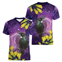 New Zealand Tui Bird Matariki Women V-Neck T-Shirt Kowhai Flower Silver Fern Galaxy Maori Pattern LT22 - Polynesian Pride