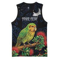 New Zealand Kakapo Matariki Personalised Basketball Jersey Pohutukawa Flower Galaxy Maori Pattern