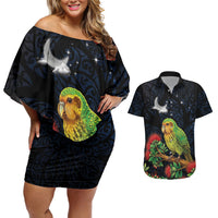 New Zealand Kakapo Matariki Personalised Couples Matching Off Shoulder Short Dress and Hawaiian Shirt Pohutukawa Flower Galaxy Maori Pattern LT22 Black - Polynesian Pride