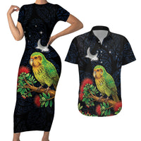 New Zealand Kakapo Matariki Personalised Couples Matching Short Sleeve Bodycon Dress and Hawaiian Shirt Pohutukawa Flower Galaxy Maori Pattern LT22 Black - Polynesian Pride