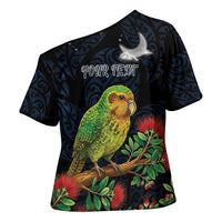 New Zealand Kakapo Matariki Personalised Cross Shoulder Shirt Pohutukawa Flower Galaxy Maori Pattern