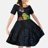 New Zealand Kakapo Matariki Personalised Kid Short Sleeve Dress Pohutukawa Flower Galaxy Maori Pattern