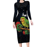 New Zealand Kakapo Matariki Personalised Long Sleeve Bodycon Dress Pohutukawa Flower Galaxy Maori Pattern