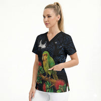 New Zealand Kakapo Matariki Personalised Scrub Top Pohutukawa Flower Galaxy Maori Pattern