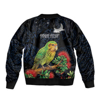 New Zealand Kakapo Matariki Personalised Sleeve Zip Bomber Jacket Pohutukawa Flower Galaxy Maori Pattern