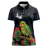 New Zealand Kakapo Matariki Personalised Women Polo Shirt Pohutukawa Flower Galaxy Maori Pattern LT22 Female Black - Polynesian Pride