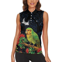 New Zealand Kakapo Matariki Personalised Women Sleeveless Polo Shirt Pohutukawa Flower Galaxy Maori Pattern LT22 - Polynesian Pride