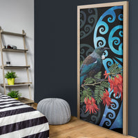 Tui Bird Kakabeak New Zealand Door Cover Clianthus Galaxy Maori Koru Pattern