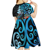 Tui Bird Kakabeak New Zealand Kid Short Sleeve Dress Clianthus Galaxy Maori Koru Pattern