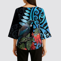 Tui Bird Kakabeak New Zealand Kimono Sleeve Blouse Clianthus Galaxy Maori Koru Pattern