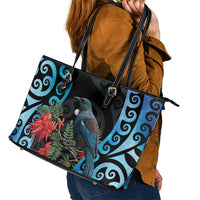 Tui Bird Kakabeak New Zealand Leather Tote Bag Clianthus Galaxy Maori Koru Pattern