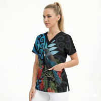 Tui Bird Kakabeak New Zealand Scrub Top Clianthus Galaxy Maori Koru Pattern