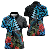 Tui Bird Kakabeak New Zealand Women Polo Shirt Clianthus Galaxy Maori Koru Pattern