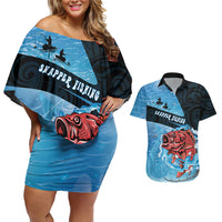 Personalised Snapper Fishing New Zealand Couples Matching Off Shoulder Short Dress and Hawaiian Shirt Tamure Fish Hook Maori Pattern LT22 Blue - Polynesian Pride