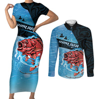 Personalised Snapper Fishing New Zealand Couples Matching Short Sleeve Bodycon Dress and Long Sleeve Button Shirt Tamure Fish Hook Maori Pattern LT22 Blue - Polynesian Pride