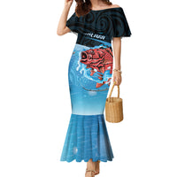 Personalised Snapper Fishing New Zealand Family Matching Mermaid Dress and Hawaiian Shirt Tamure Fish Hook Maori Pattern LT22 Mom's Dress Blue - Polynesian Pride