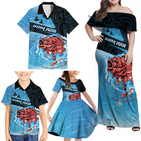 Personalised Snapper Fishing New Zealand Family Matching Off Shoulder Maxi Dress and Hawaiian Shirt Tamure Fish Hook Maori Pattern LT22 - Polynesian Pride