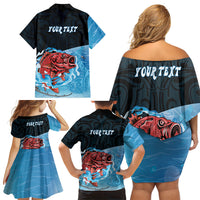 Personalised Snapper Fishing New Zealand Family Matching Off Shoulder Short Dress and Hawaiian Shirt Tamure Fish Hook Maori Pattern LT22 - Polynesian Pride