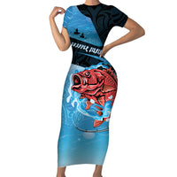 Personalised Snapper Fishing New Zealand Family Matching Short Sleeve Bodycon Dress and Hawaiian Shirt Tamure Fish Hook Maori Pattern LT22 Mom's Dress Blue - Polynesian Pride