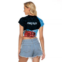 Personalised Snapper Fishing New Zealand Raglan Cropped T Shirt Tamure Fish Hook Maori Pattern