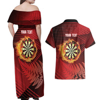 Personalised Darts New Zealand Couples Matching Off Shoulder Maxi Dress and Hawaiian Shirt Silver Fern Red Color LT22 - Polynesian Pride