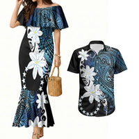 Cook Islands Maori Language Week Couples Matching Mermaid Dress and Hawaiian Shirt Tiare Maori Kuki Airani Blue Pattern