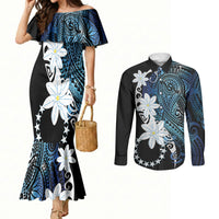 Cook Islands Maori Language Week Couples Matching Mermaid Dress and Long Sleeve Button Shirt Tiare Maori Kuki Airani Blue Pattern